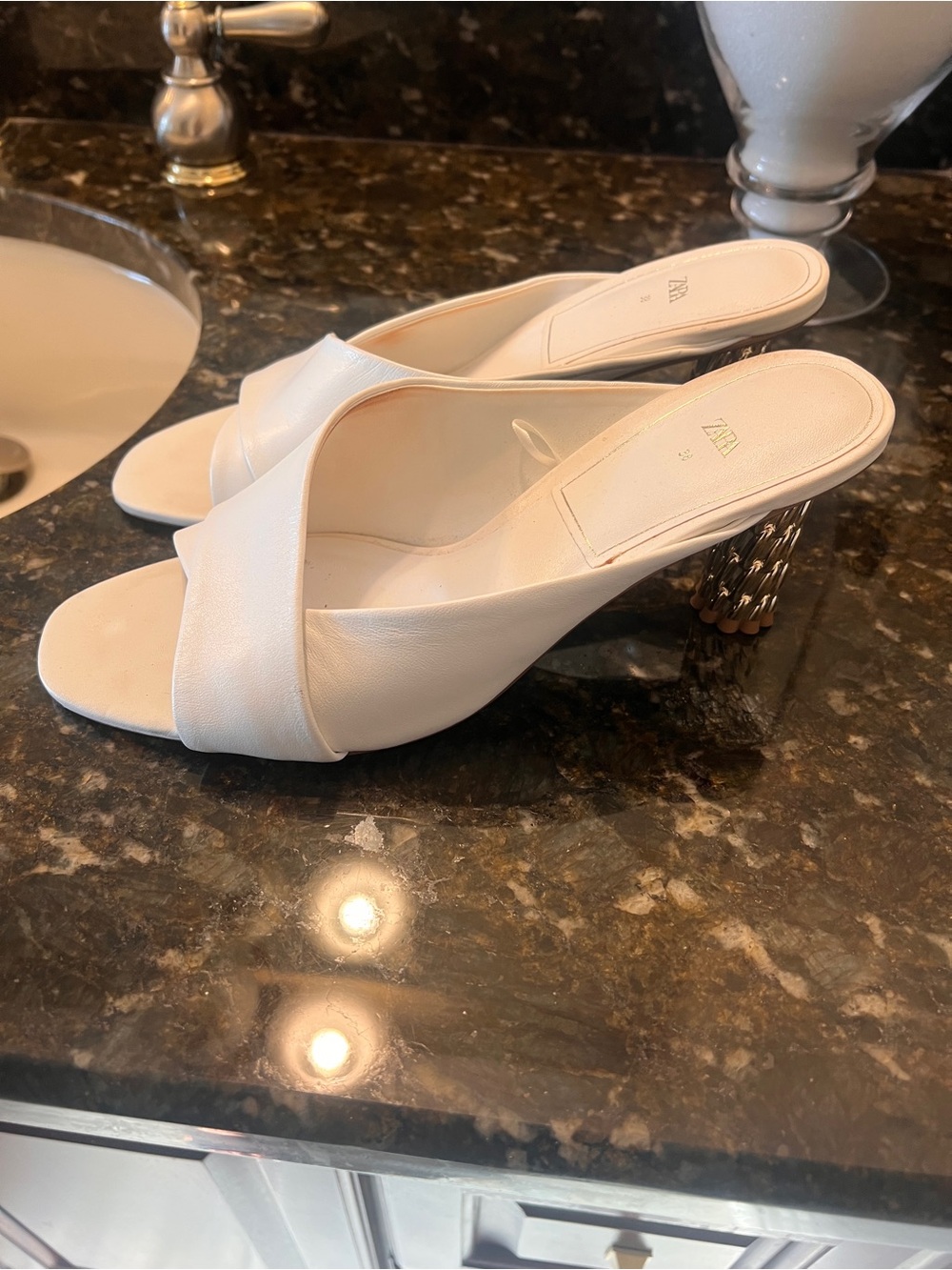 Zara White Leather Crisscross Mules with Sculpted Metallic Heel